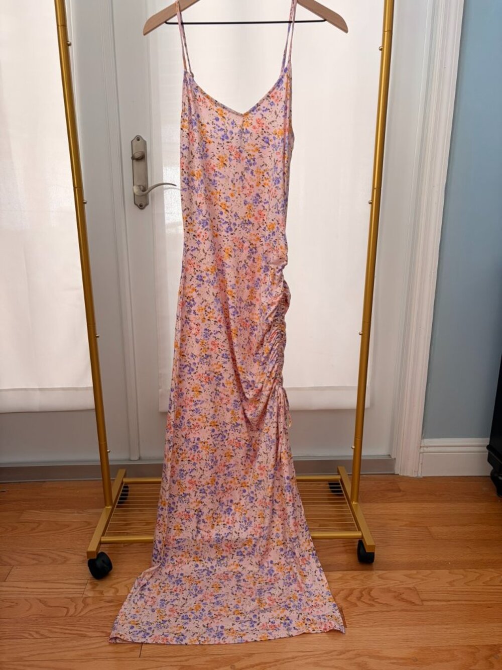 Haute Monde Pink Floral Ruched Side Slit Maxi Dress Medium